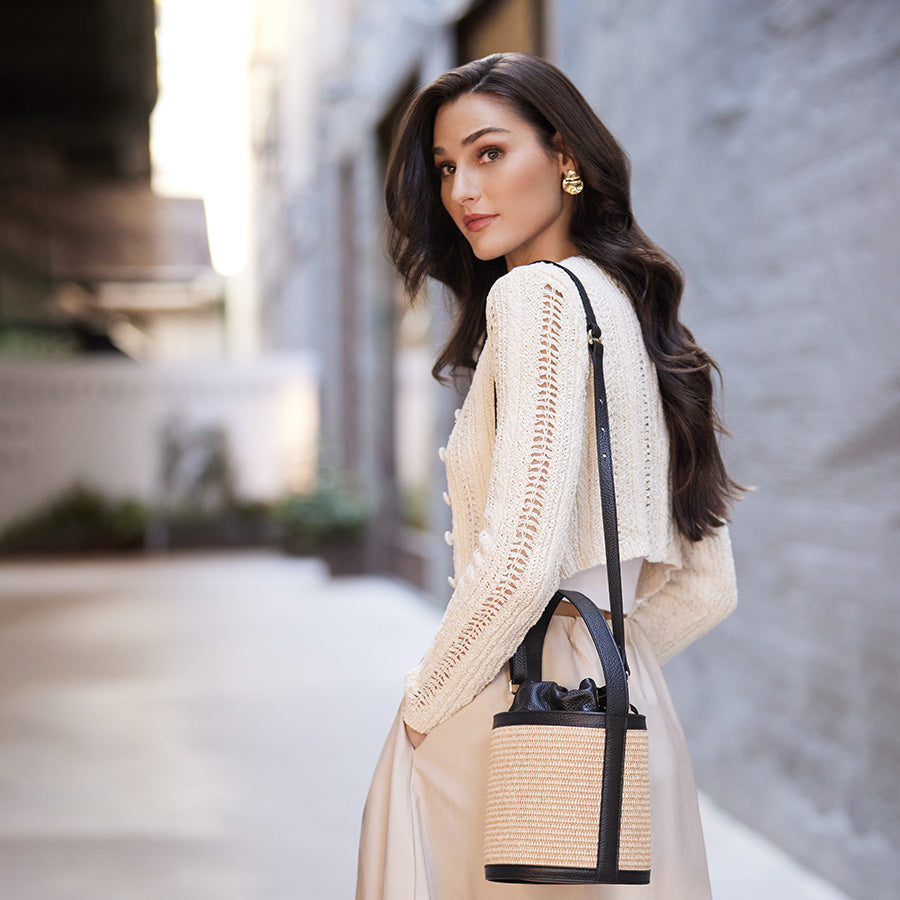Astrid Natural Black Raffia Bucket Bag
