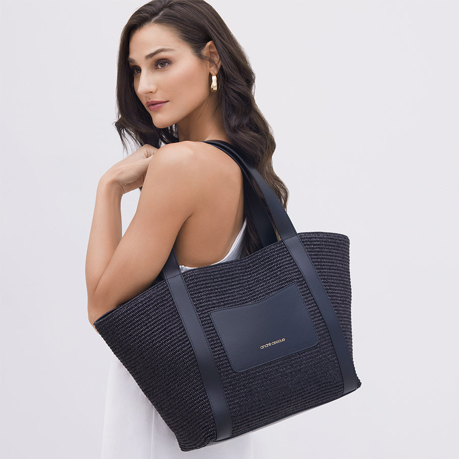 Atlas Black Raffia Tote Bag